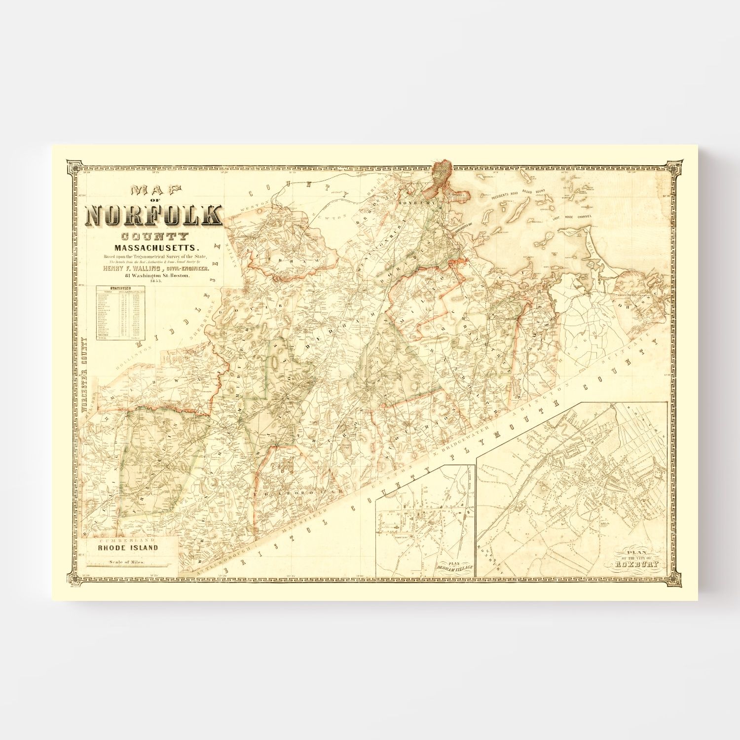 Vintage Map of Norfolk County, Massachusetts 1853