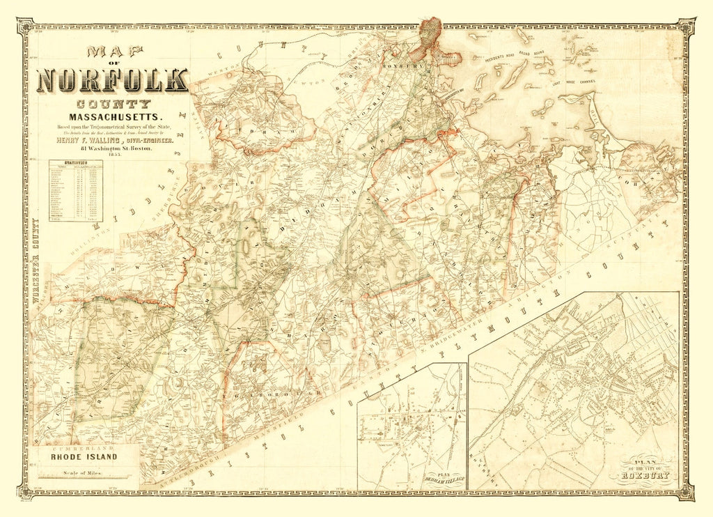 Vintage Map of Norfolk County, Massachusetts 1853