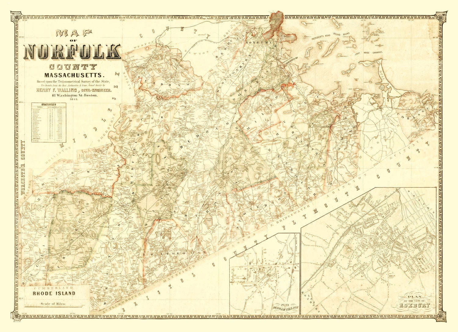 Vintage Map of Norfolk County, Massachusetts 1853