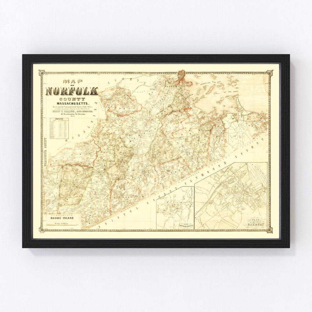 Vintage Map of Norfolk County, Massachusetts 1853