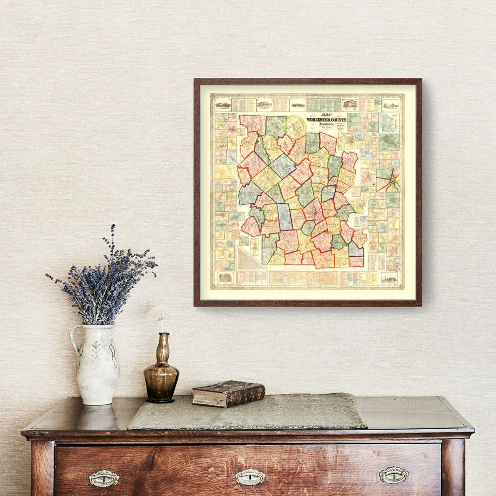 Vintage Map of Worcester County, Massachusetts 1857