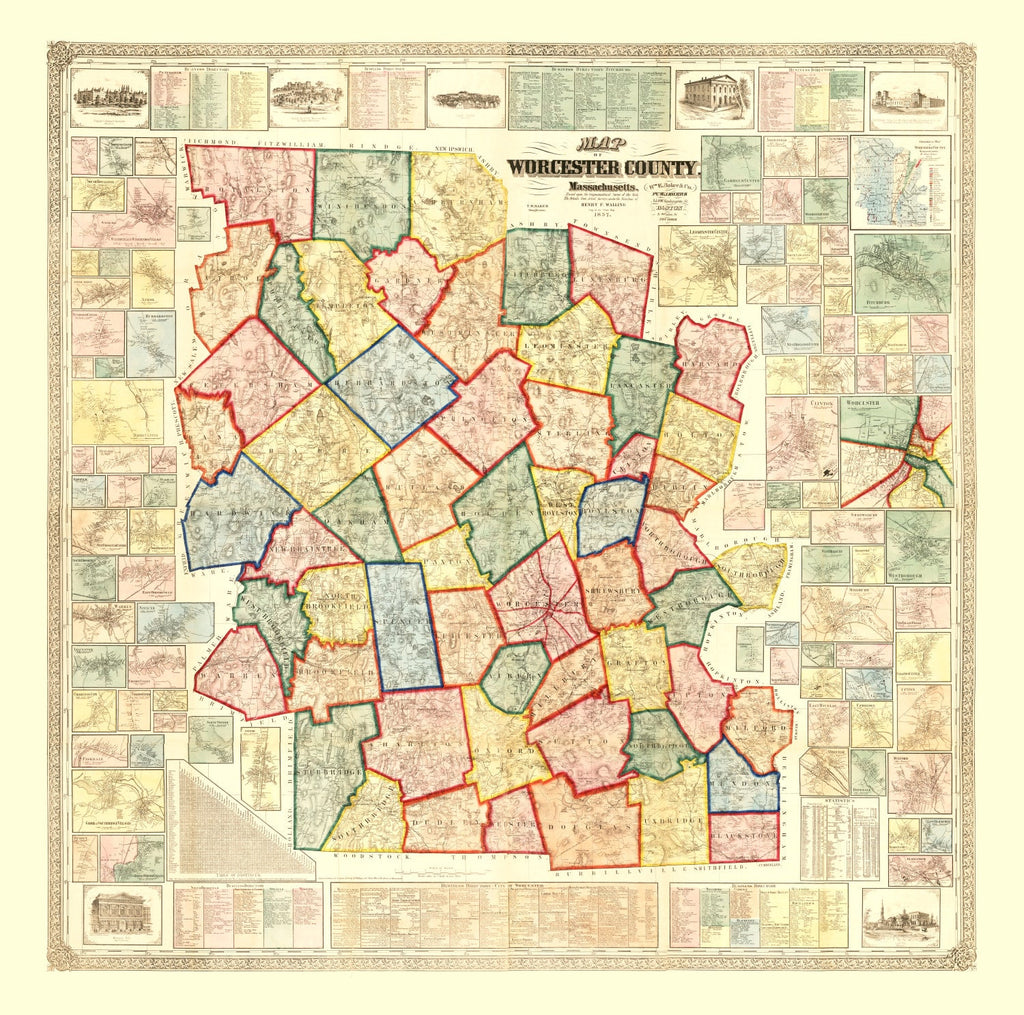 Vintage Map of Worcester County, Massachusetts 1857