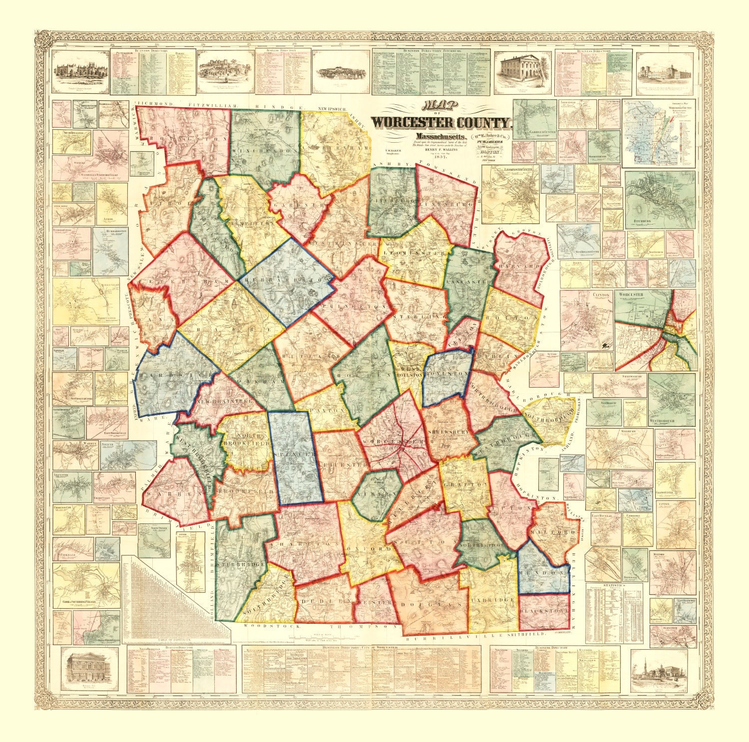 Vintage Map of Worcester County, Massachusetts 1857