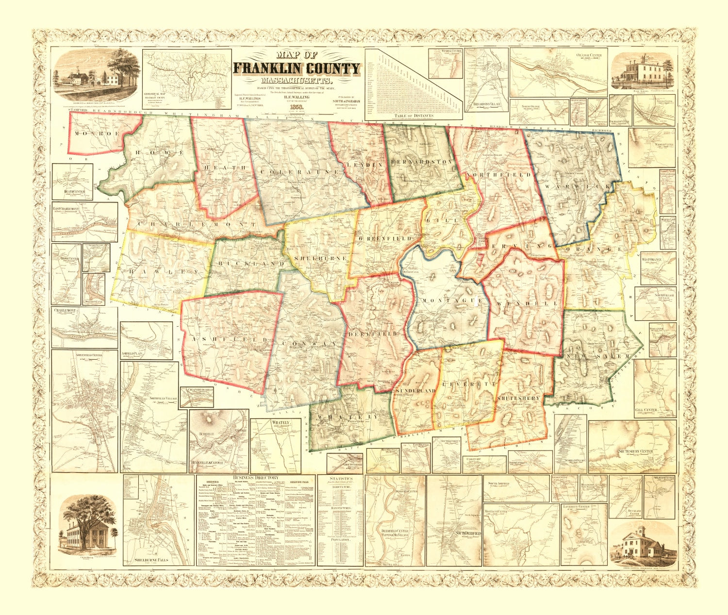 Vintage Map of Franklin County, Massachusetts 1858