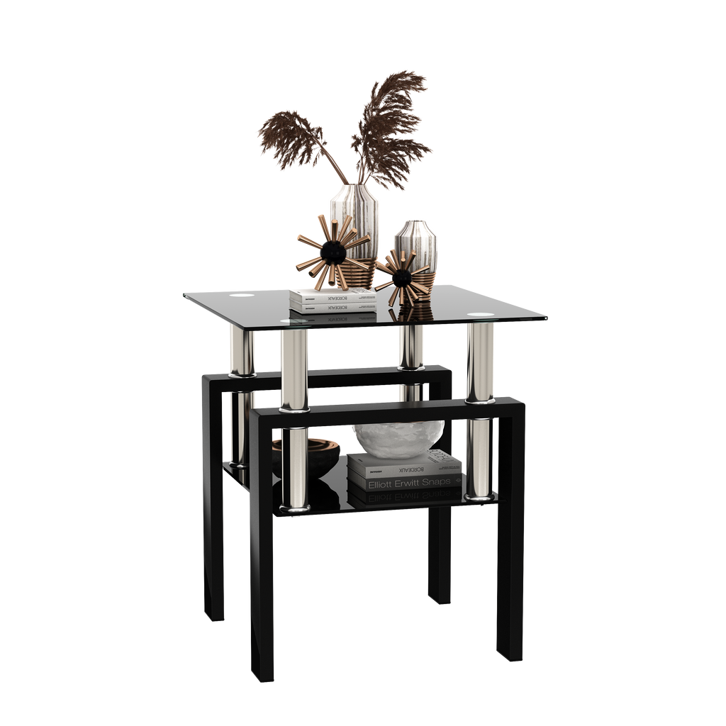 Modern Tempered Glass Tea Table Coffee Table End Table, Black, Square, 1-Piece for Living Room