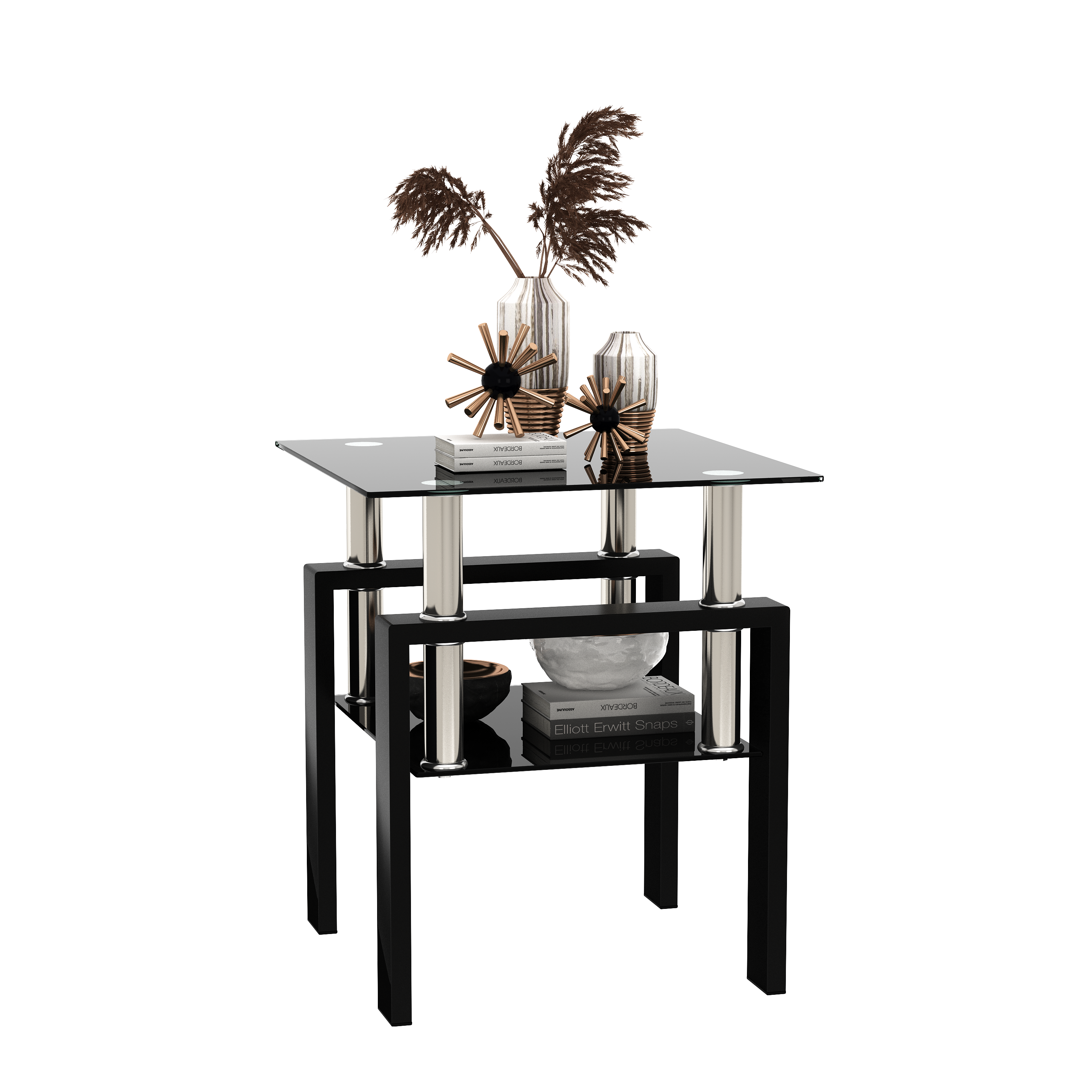 Modern Tempered Glass Tea Table Coffee Table End Table, Black, Square, 1-Piece for Living Room