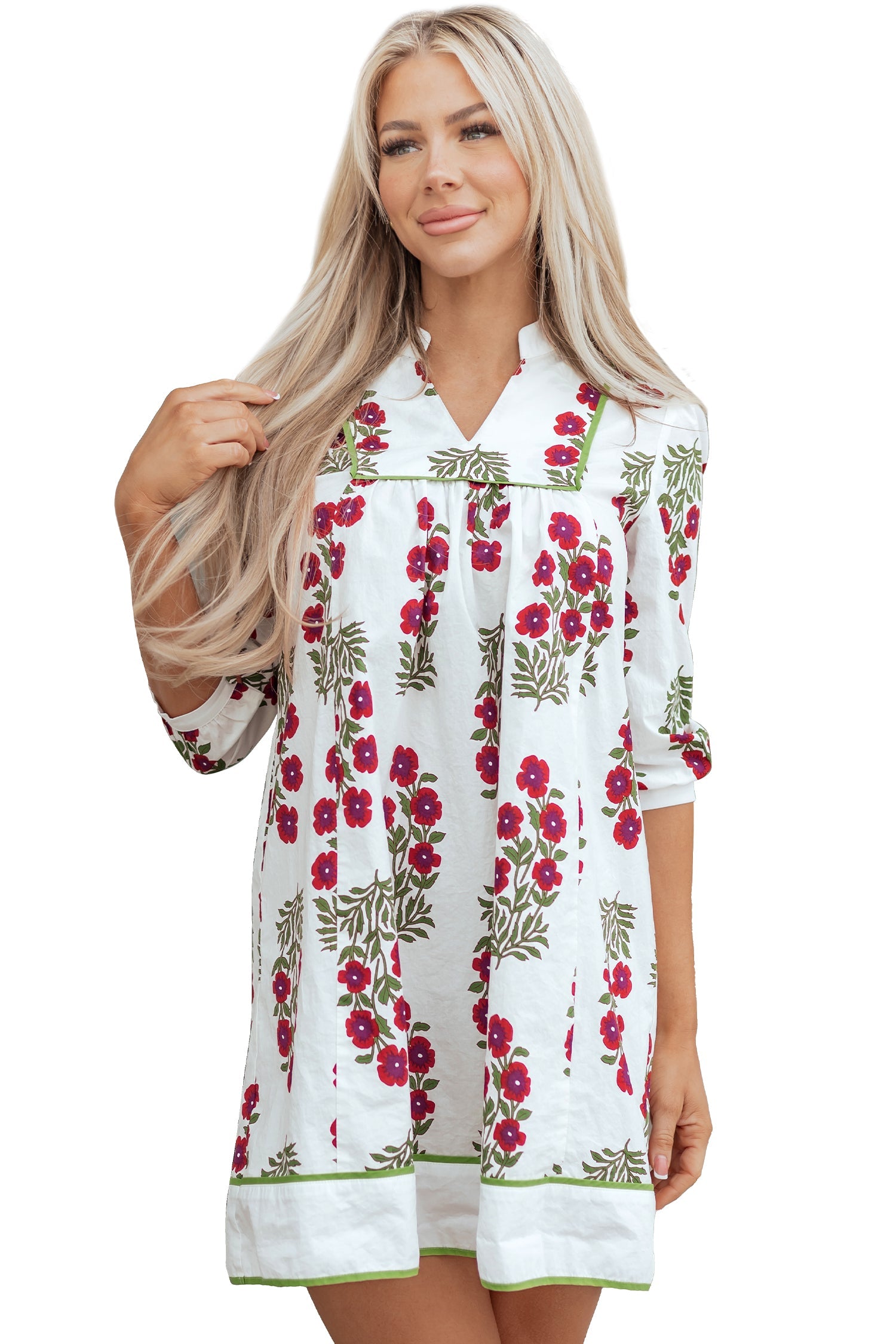 Floral Notched V-Neck 3/4 Sleeve Dress
