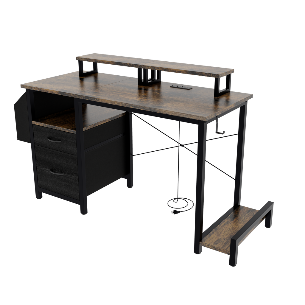 Computer Desk with Drawer and Power Outlets, 47' Office Desk with 2 Monitor Stands and Fabric File Cabinet, Writing Gaming Table with Shelves and Hooks for Home Office, Rustic Brown