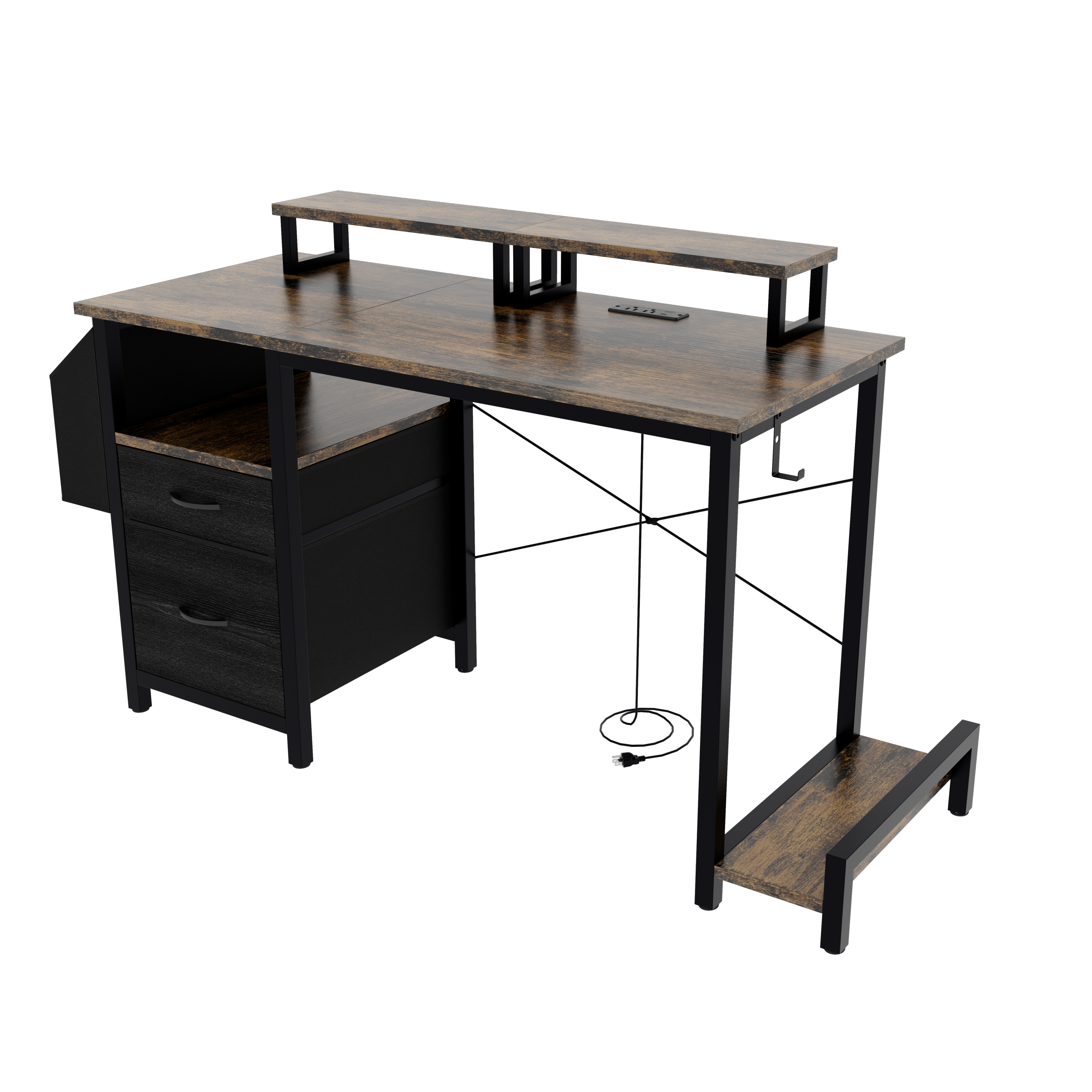 Computer Desk with Drawer and Power Outlets, 47' Office Desk with 2 Monitor Stands and Fabric File Cabinet, Writing Gaming Table with Shelves and Hooks for Home Office, Rustic Brown
