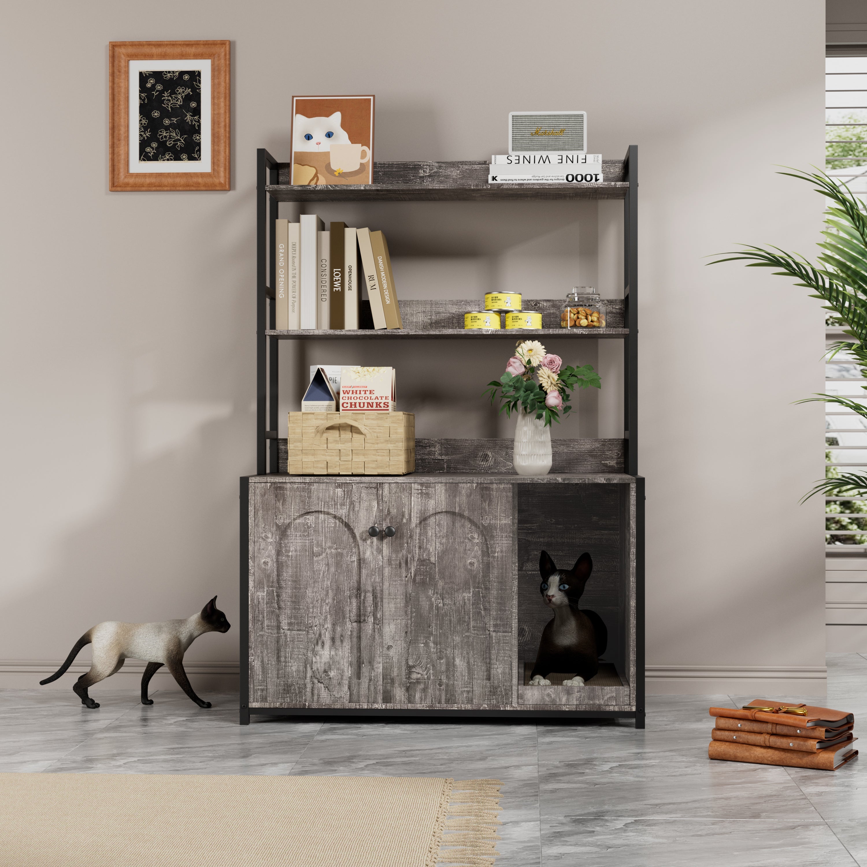 Large Cat Litter Box Enclosure With Shelf Storage, Hidden Cat Washroom Furniture, Wooden Cat House With Scratch Pad, Sturdy Indoor Cat Cabinet With 2 Doors(Grey)