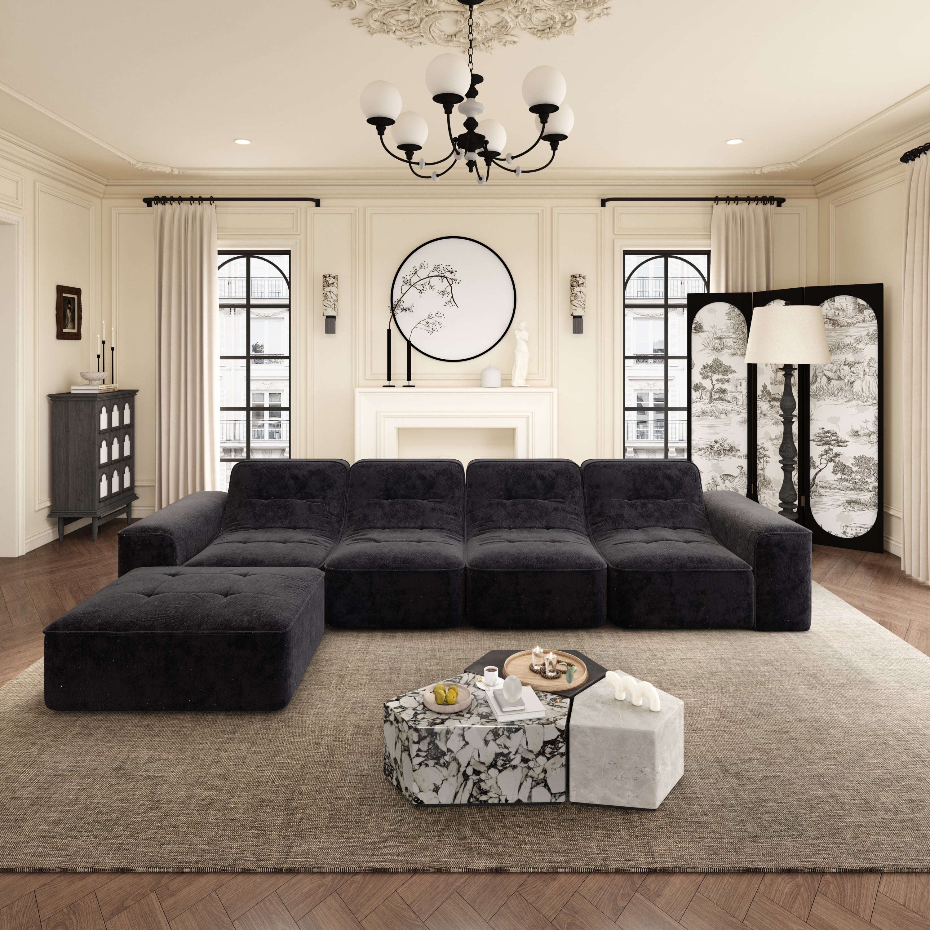 143.7' Modular Sectional Sofa Set with Removable Ottoman,Tufted Design, Deep Seat Couch, Chaise & Accent Chair,Modern DIY Sparkling Chenille Sofa for Living Room, Apartment, Office