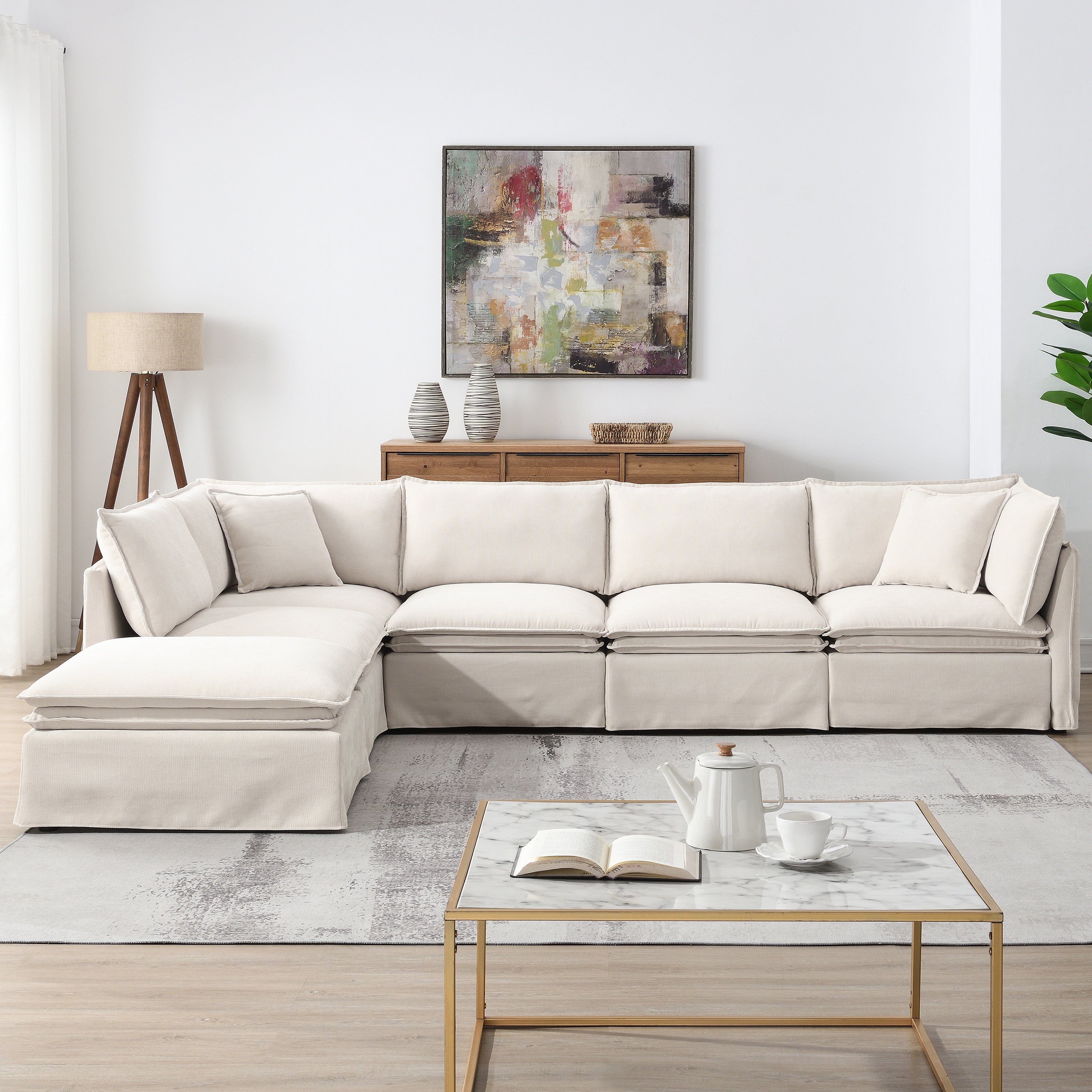 [VIDEO+NEW]125.5'' Modular Sectional Sofa with Movable Ottoman,6-seat L pholstered Indoor Furniture, Wide Seat ,Free Combination, Oversized Chenille Sofa for Living Room & Apartment,2 Colors