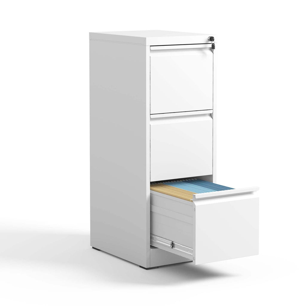 SteelCraft 3 Drawer Metal Vertical File Cabinet with Lock White Steel for A4 Legal/Letter Size