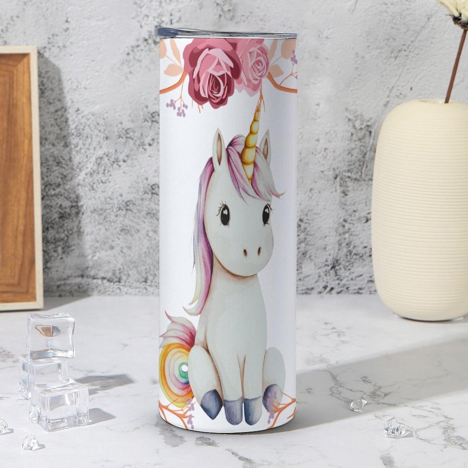 Baby Unicorn with Pink Roses 20oz Large Capacity Car Cup with Lid