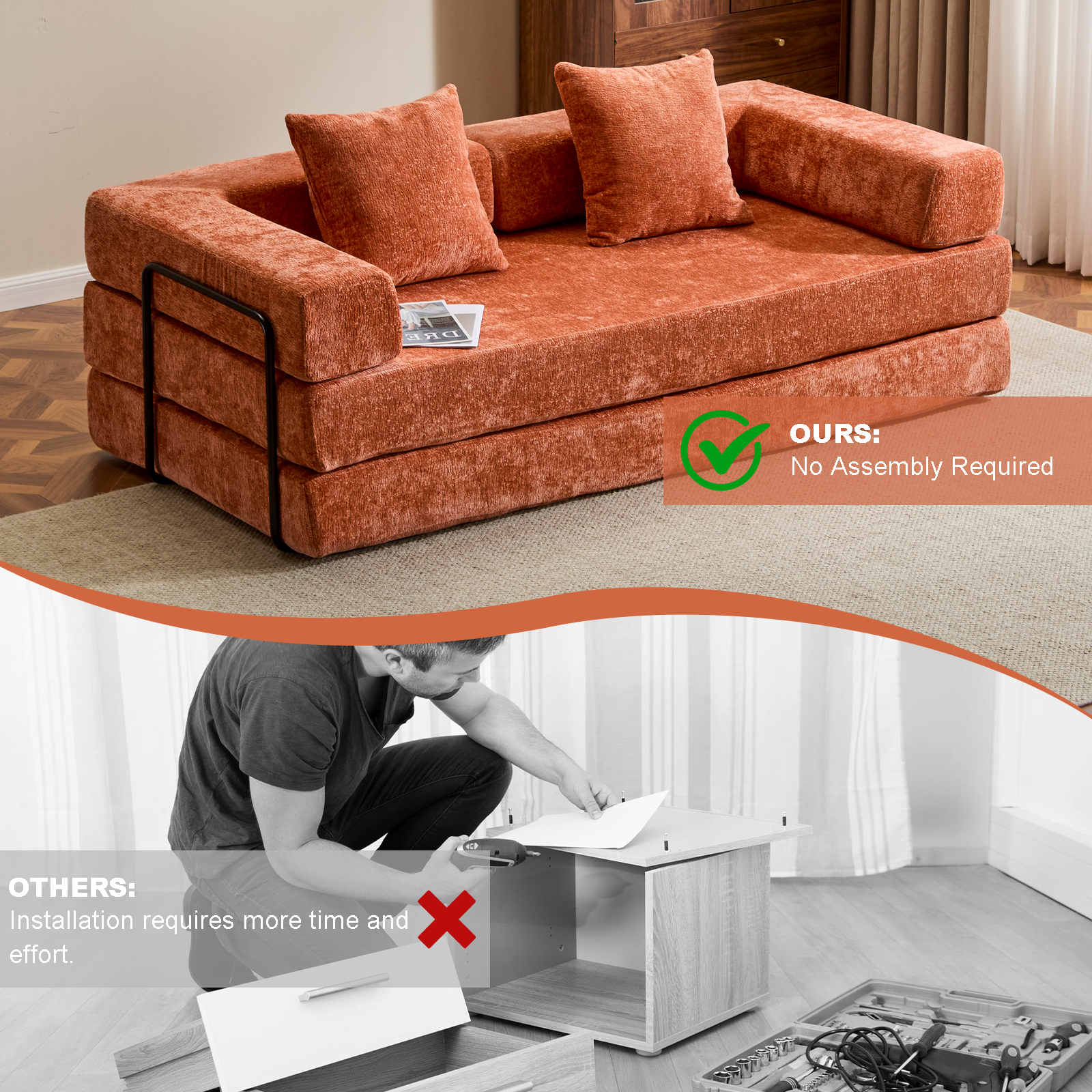 Floor Couch,Compression Sofa,Convertible Floor Sofa Bed-with Pillow Back Support Armrest,Comfy Futon Couch Lounge Sleeper Bed,chenille fabric,for Living Room Bedroom (orange)