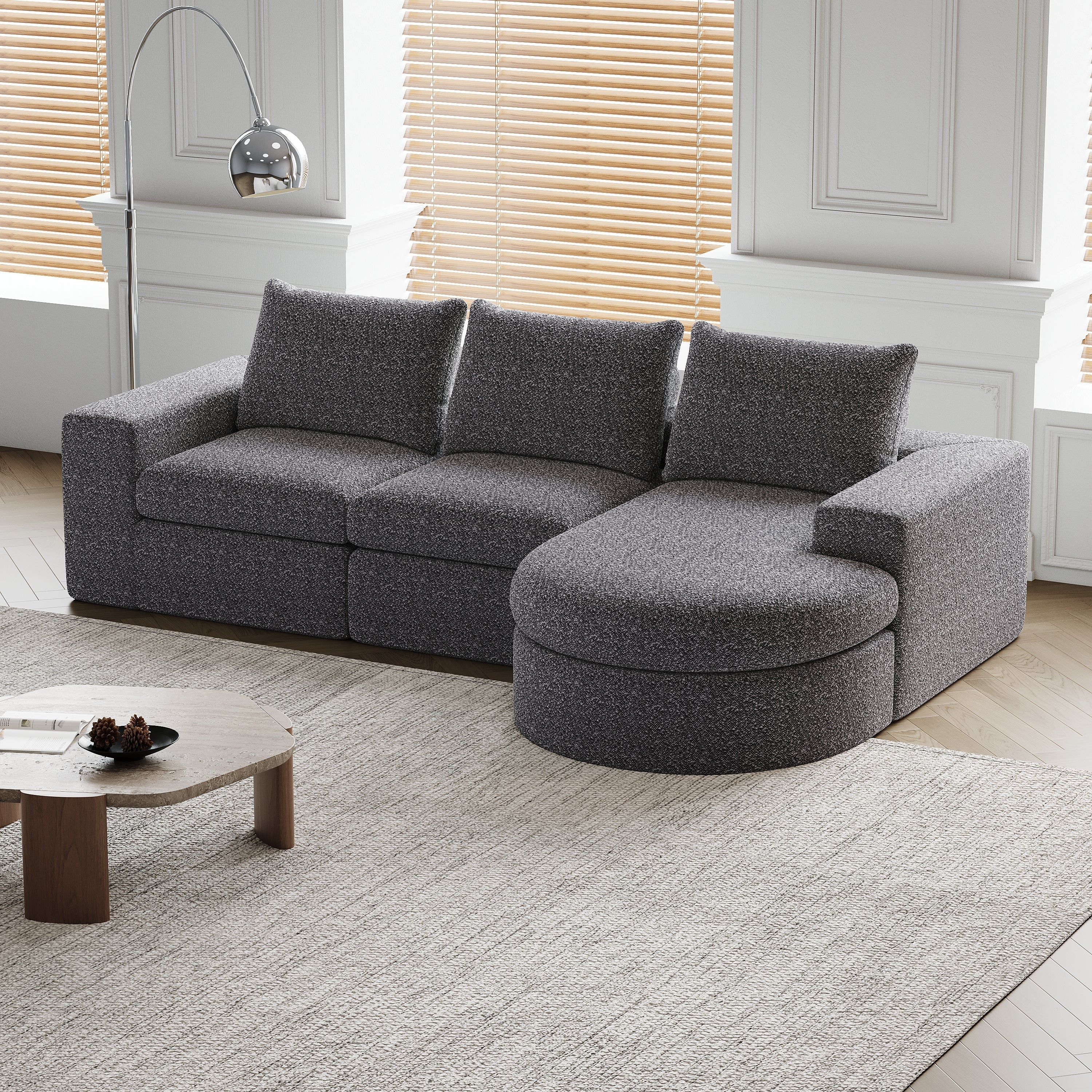 99-Inch Chenille Cloud Curved Sectional Sofa with Chaise, L-Shaped Modern Boneless Couch with Deep Seats, Chenille Sectional Sofa for Living Room and Bedroom, No Assembly Required