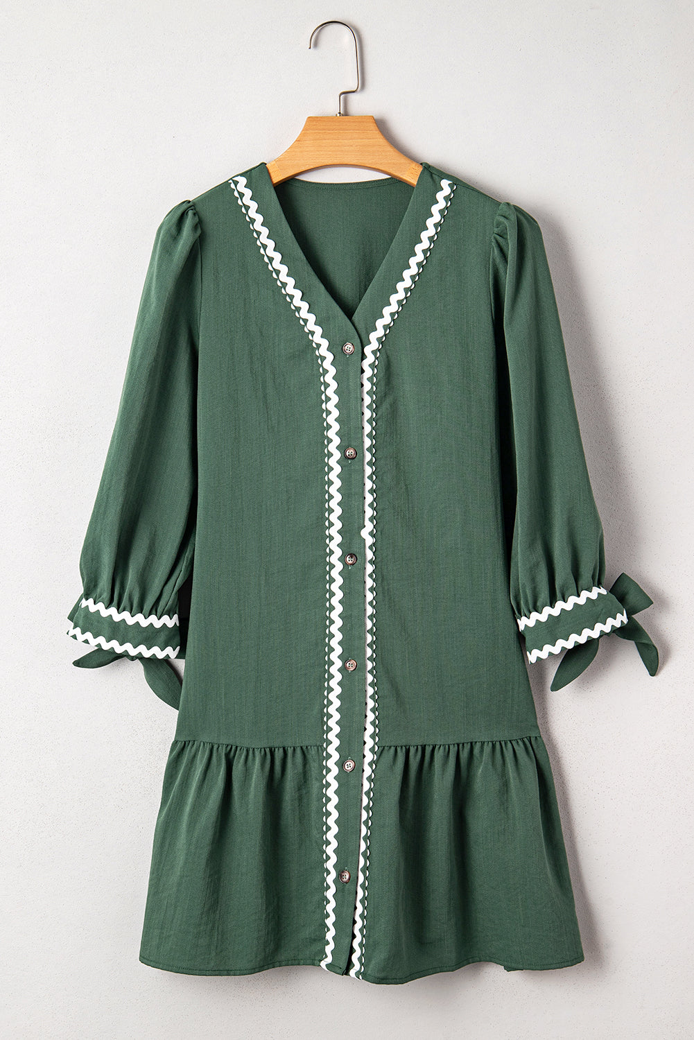 Colorblock Ricrac Trim Button 3/4 Sleeves Mini Dress