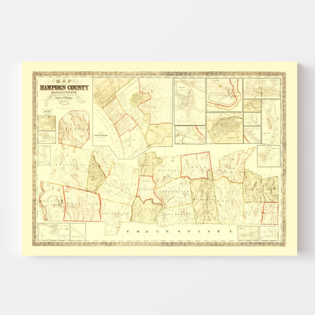Vintage Map of Hampden County, Massachusetts 1855