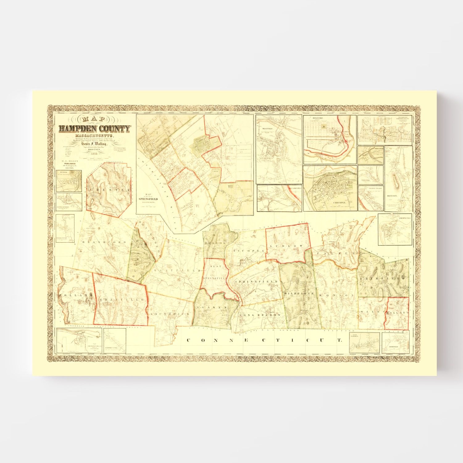 Vintage Map of Hampden County, Massachusetts 1855