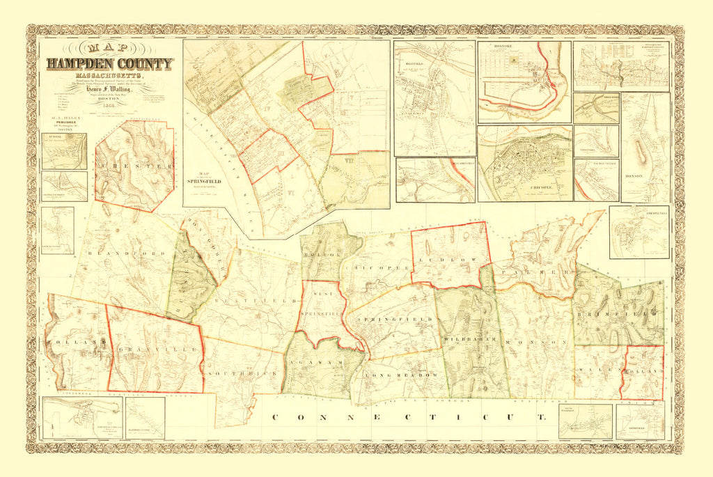 Vintage Map of Hampden County, Massachusetts 1855