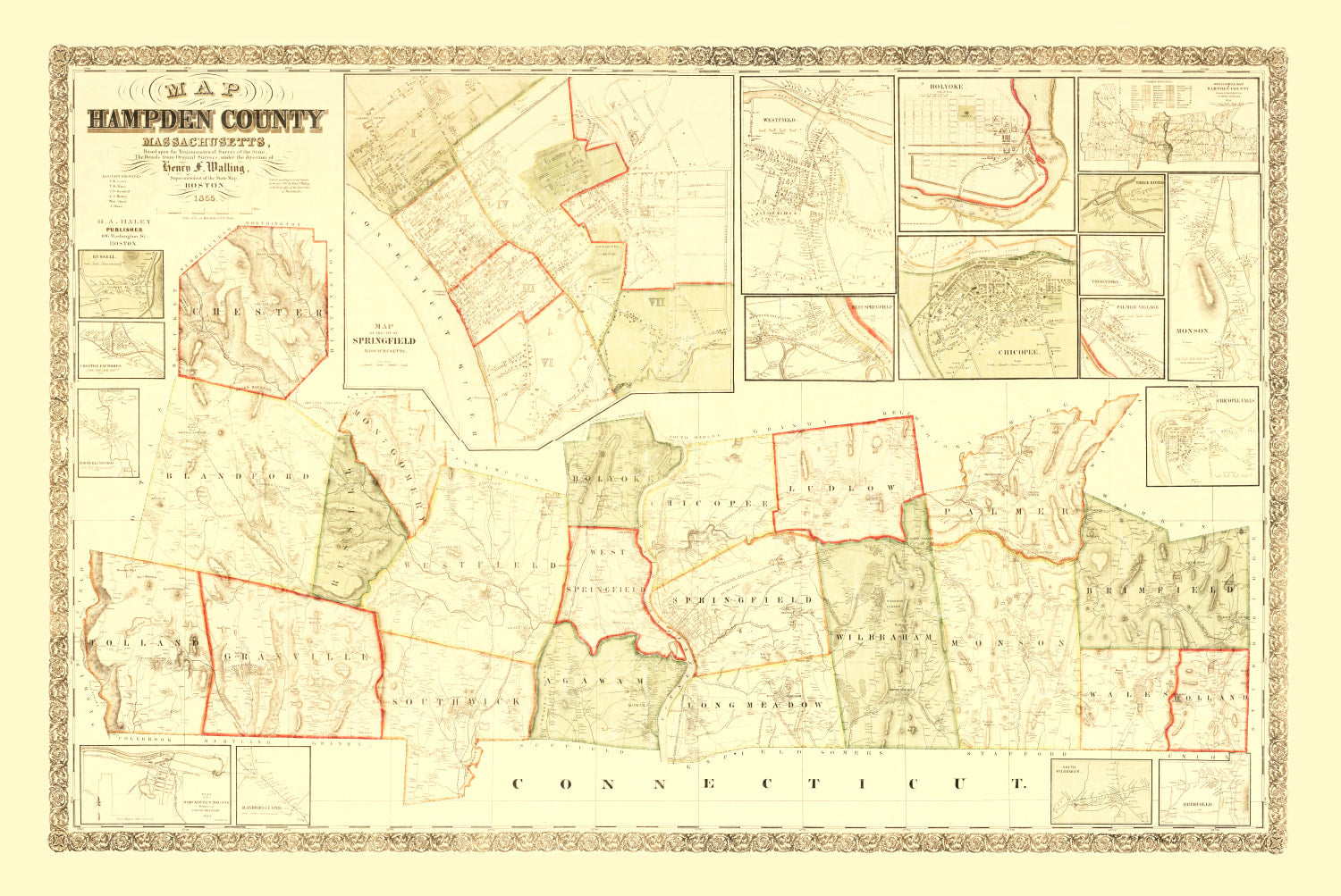 Vintage Map of Hampden County, Massachusetts 1855