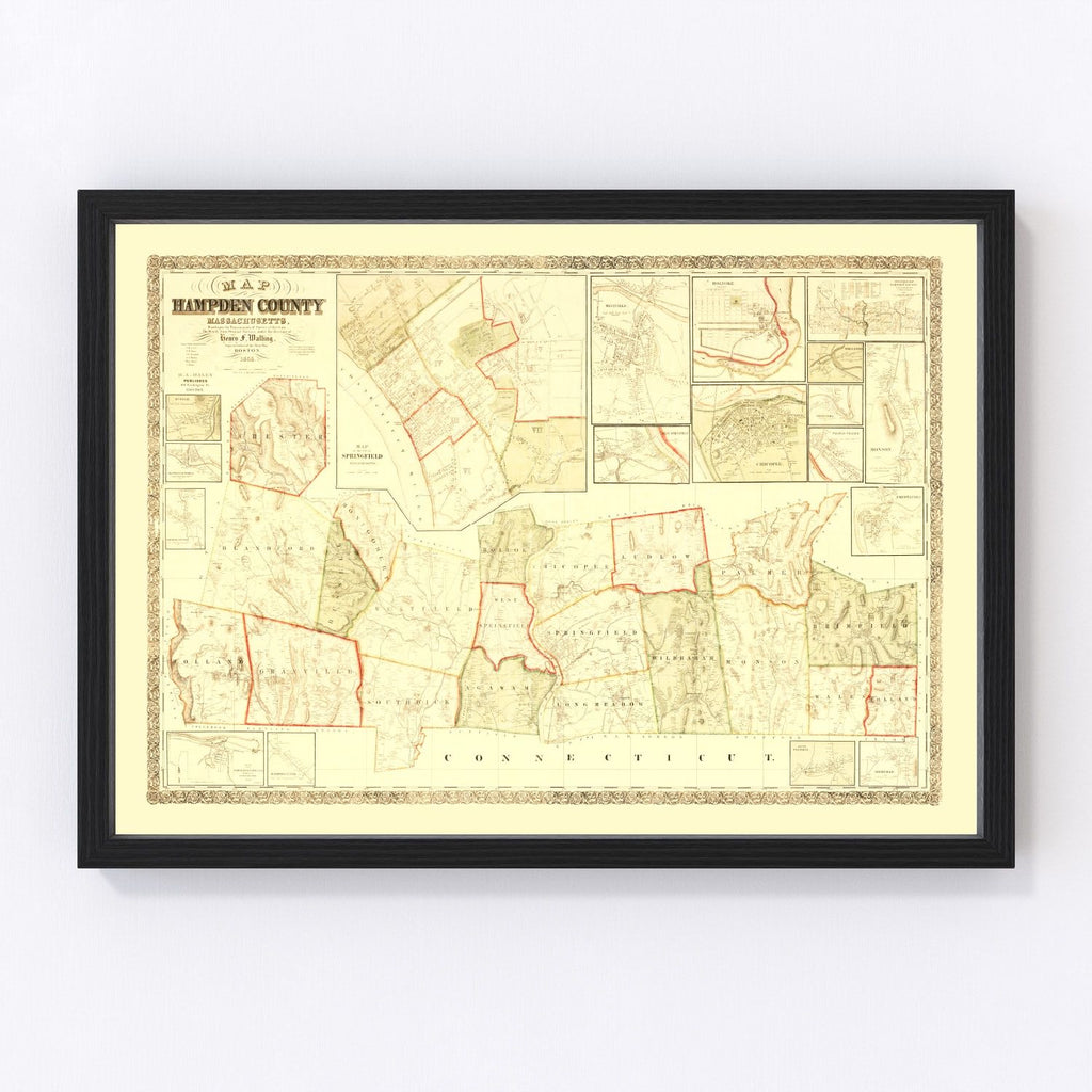 Vintage Map of Hampden County, Massachusetts 1855