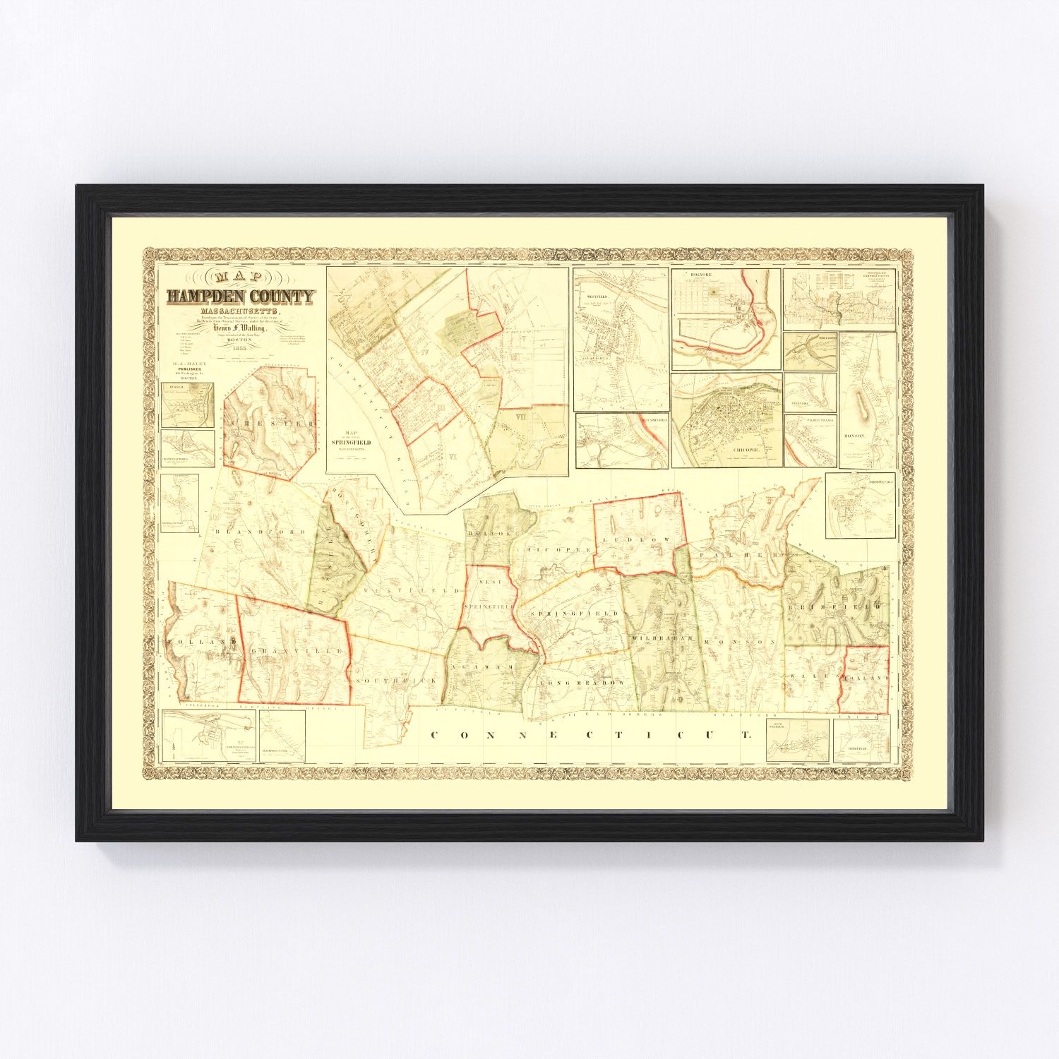 Vintage Map of Hampden County, Massachusetts 1855