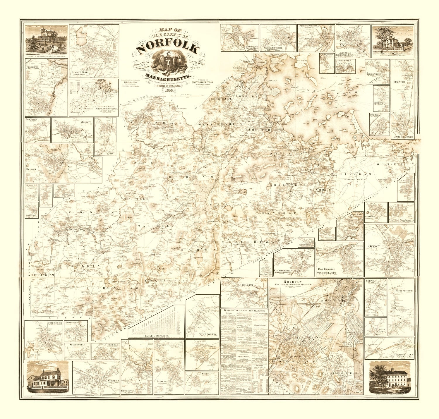 Vintage Map of Norfolk County, Massachusetts 1858