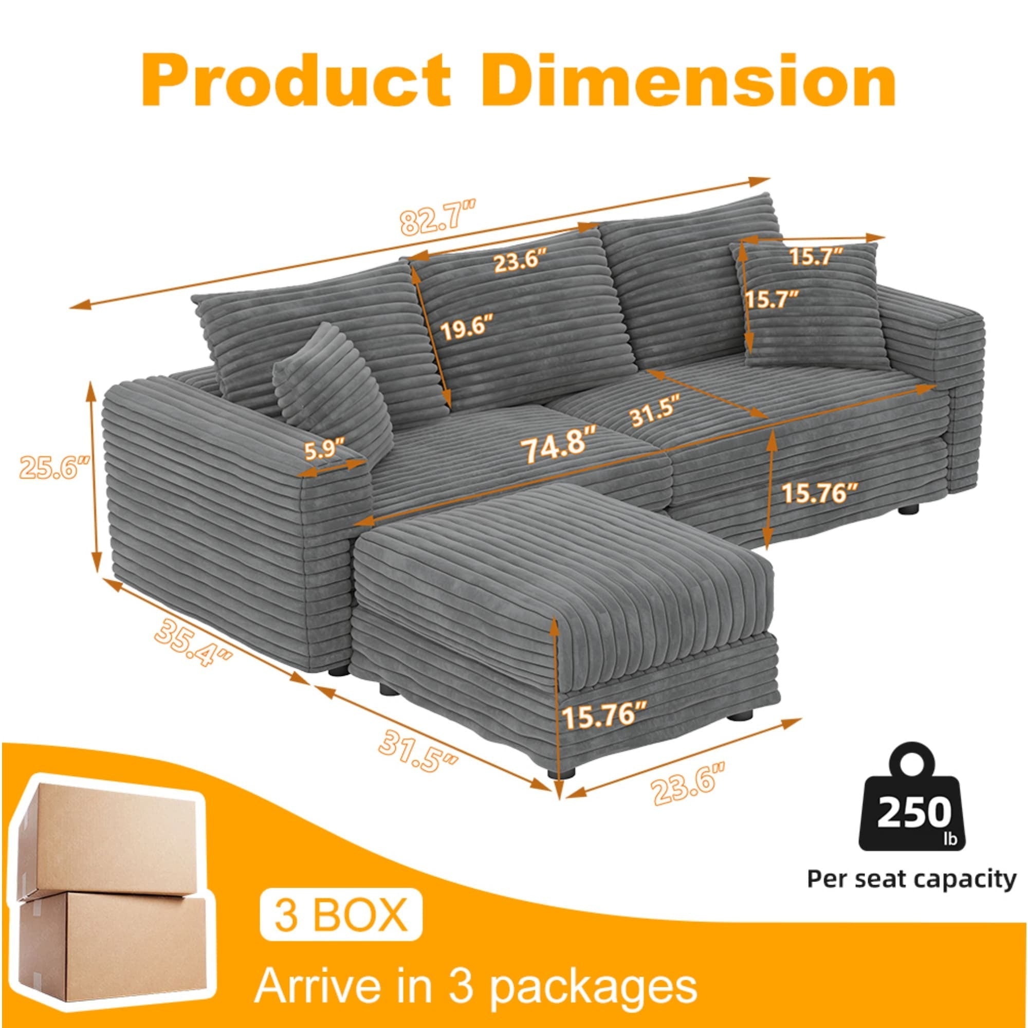 82.7 ' Plush Corduroy 3-Seat Sofa, Modern Comfy Upholstered Sofa Cloud Couch, Deep Seat Couches with Soft Pillows and 1 Ottomans, Convertible Sofa Lounge Chair, for Living Room,Apartment,Office,Grey