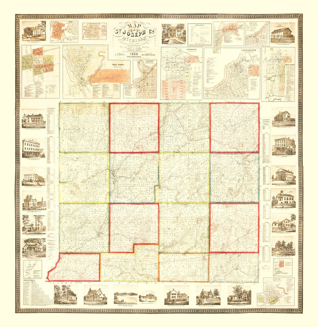 Vintage Map of St. Joseph County, Michigan 1858