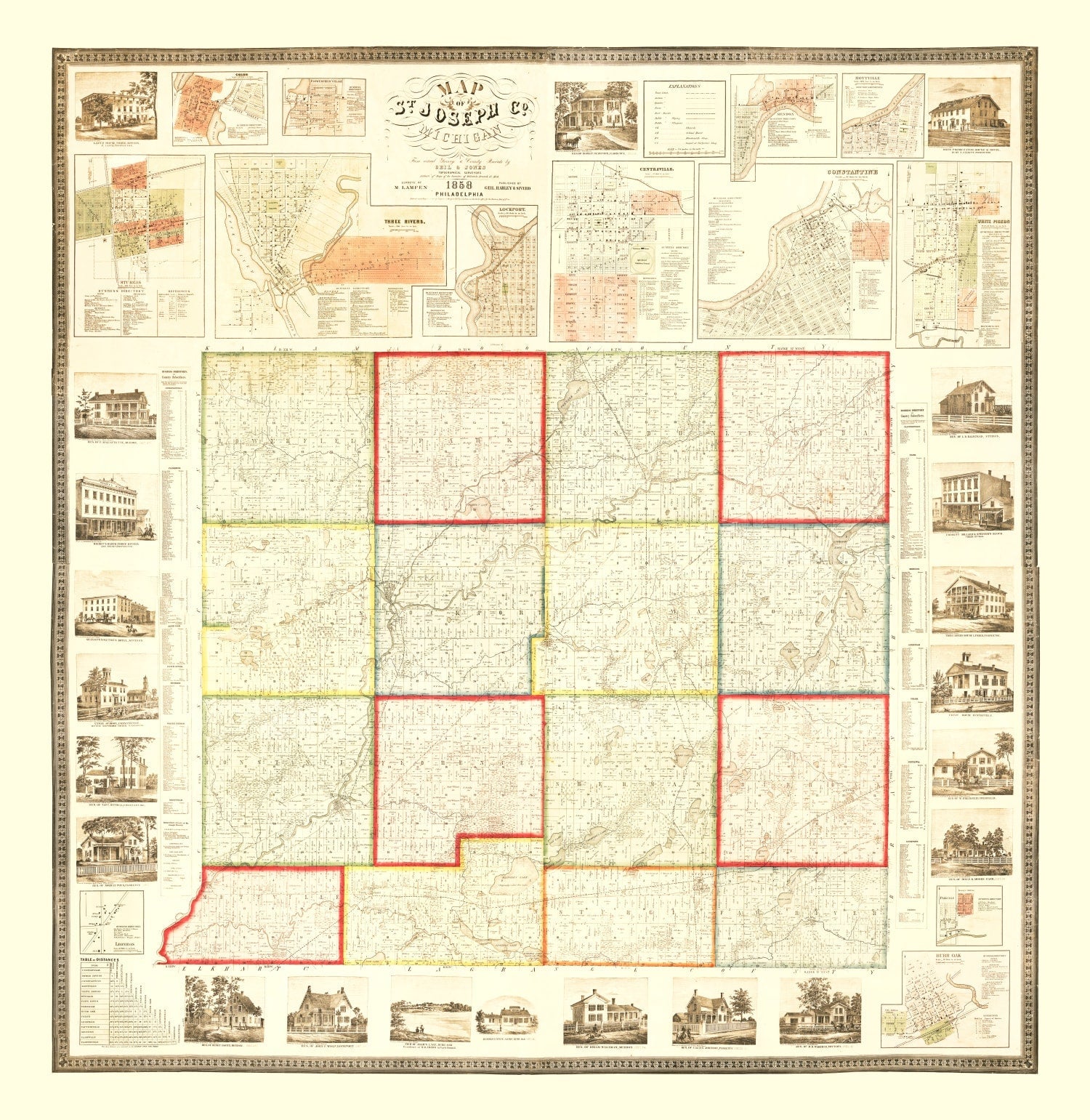 Vintage Map of St. Joseph County, Michigan 1858