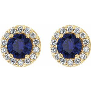 14K Yellow Gold Lab-Grown Blue Sapphire & 1/10 CTW Natural Diamond Earrings – image 2