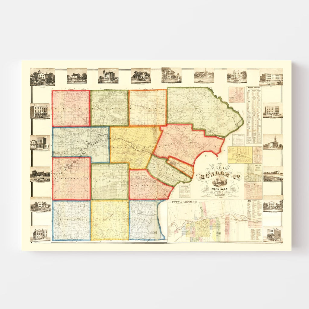 Vintage Map of Monroe County, Michigan 1859