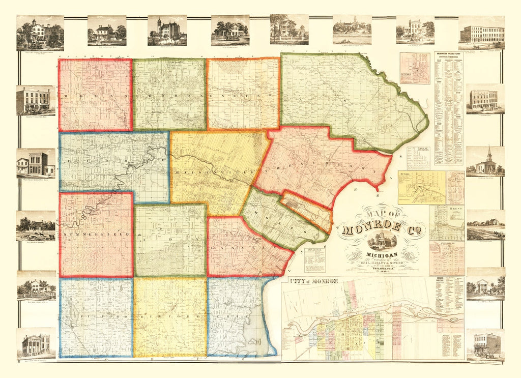 Vintage Map of Monroe County, Michigan 1859
