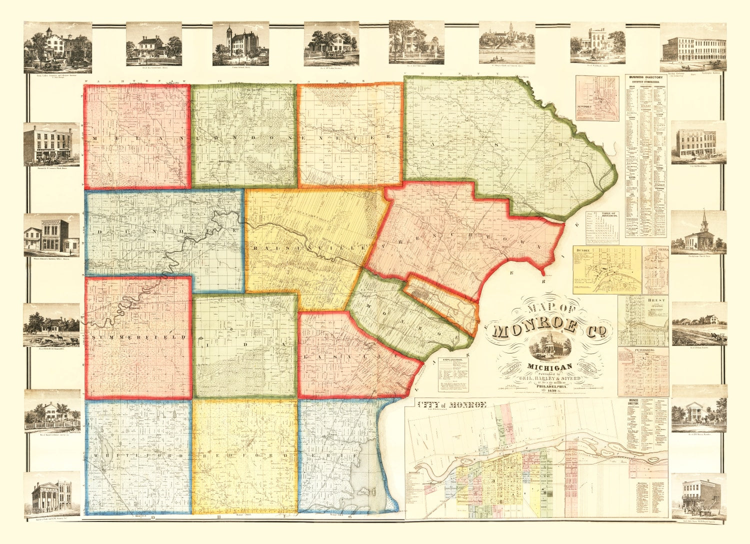 Vintage Map of Monroe County, Michigan 1859
