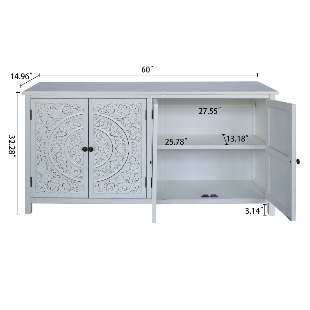 60'White Accent Cabinet with 4 Doors, Rustic Wood Sideboard Pantry Cabinet - Versatile Buffet Cabinet with Storage for Home Decor and Organization chic cabinet