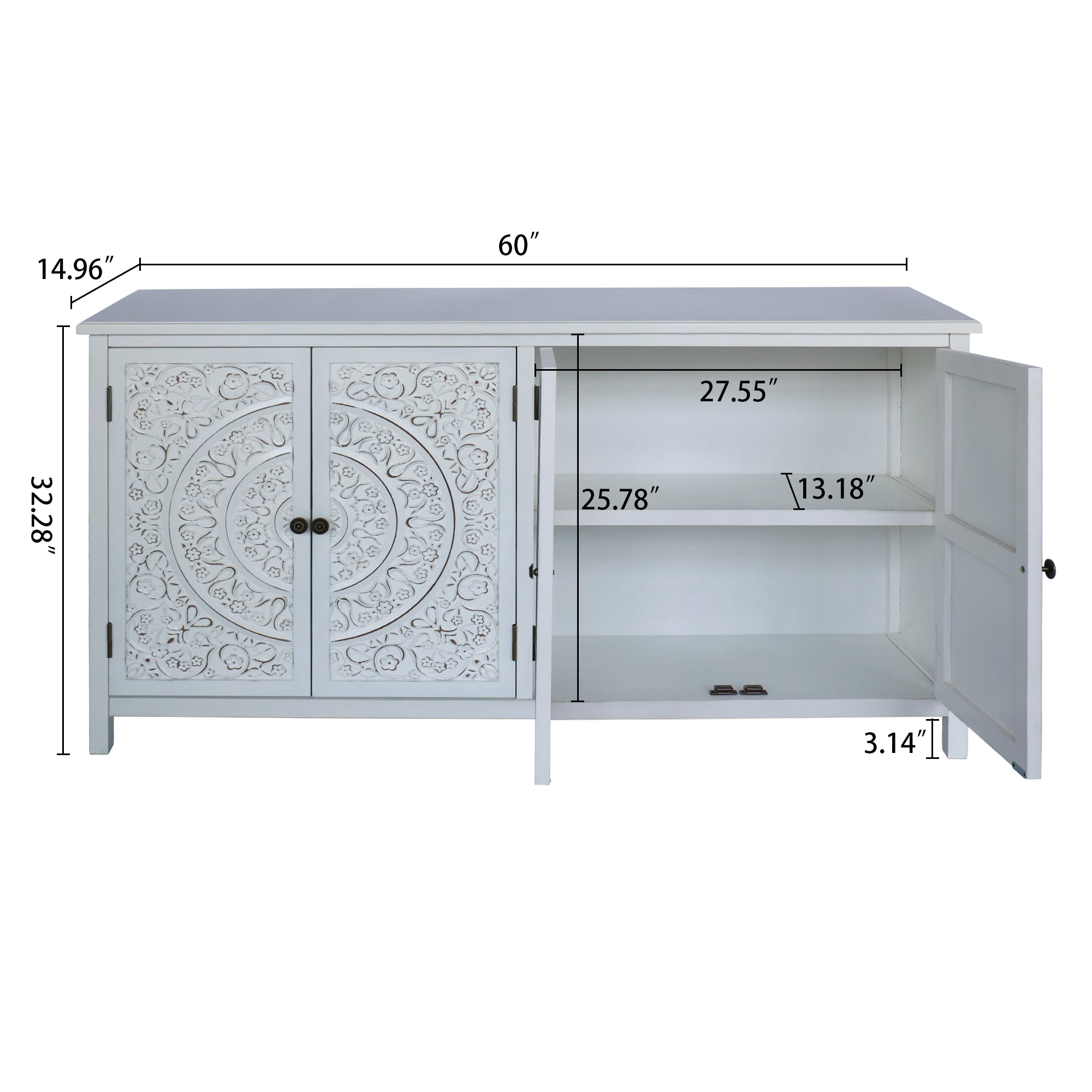 60'White Accent Cabinet with 4 Doors, Rustic Wood Sideboard Pantry Cabinet - Versatile Buffet Cabinet with Storage for Home Decor and Organization chic cabinet