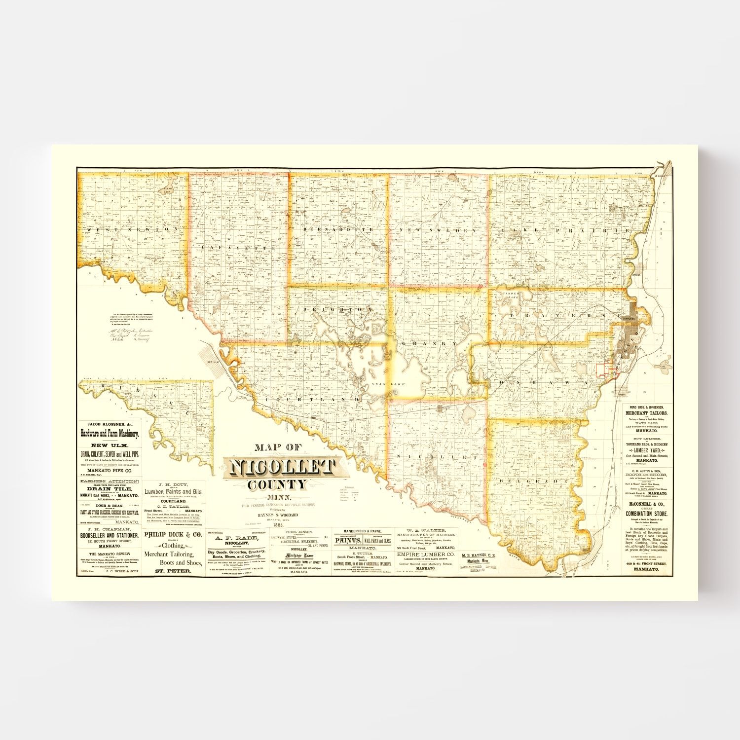 Vintage Map of Nicollet County, Minnesota 1885
