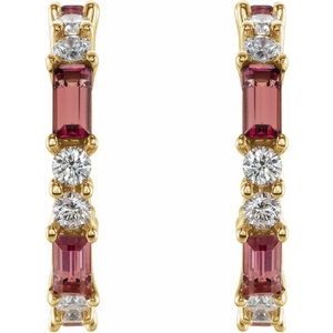 14K Yellow Gold Natural Pink Tourmaline & 1/2 CTW Natural Diamond 17.2 mm Hoop Earrings – image 2