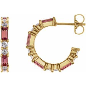 14K Yellow Gold Natural Pink Tourmaline & 1/2 CTW Natural Diamond 17.2 mm Hoop Earrings