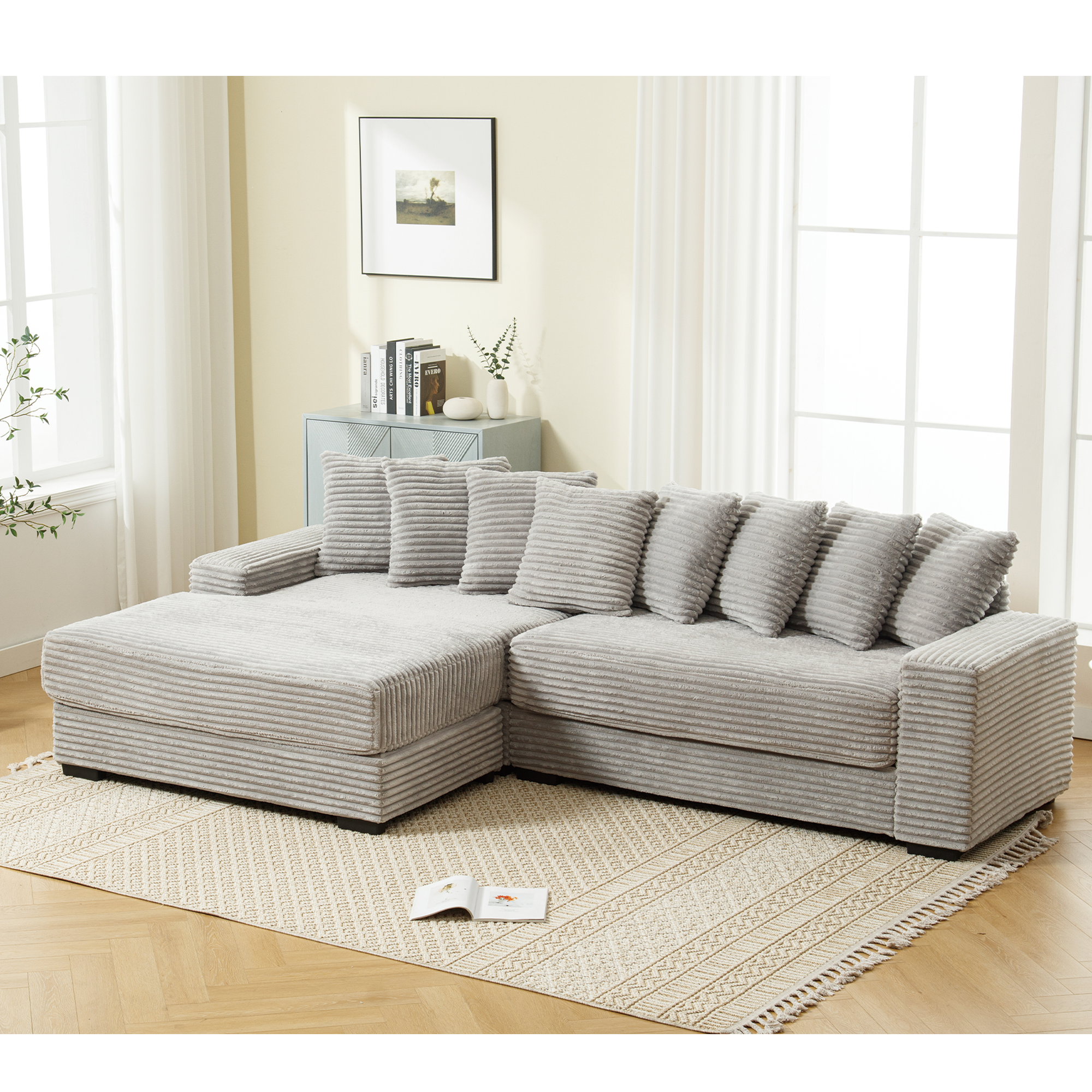 [NEW ARRIVED] [VIDEO PROVIDED] Oversized Two-Piece  Couches,  L Shaped Sofa, Corduroy, Left Chaise Daybed,with Armrests,Eight Throw Pillows,Corner Sofa,Easy To Assemble,  Gray