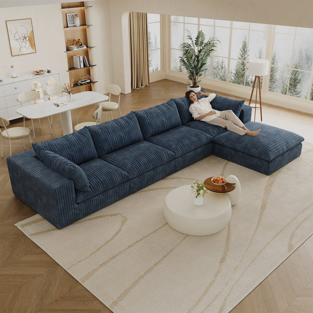157.6'Cloud Sofa,Corduroy Fabric,Deep Seat Couches,Double-layer design,Removable  Cushion,No Assembly,DIY Combination for Living room, Bedroom,Conference room ,Apartment,Blue
