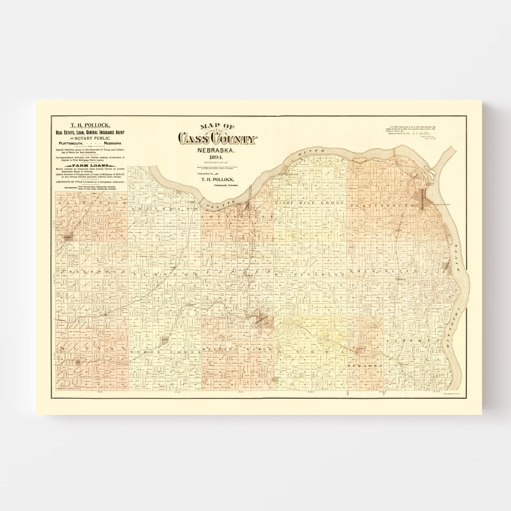 Vintage Map of Cass County, Nebraska 1894