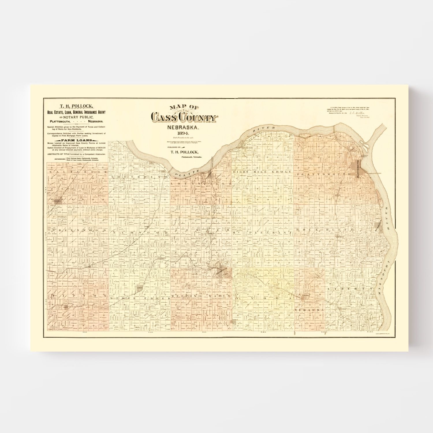 Vintage Map of Cass County, Nebraska 1894