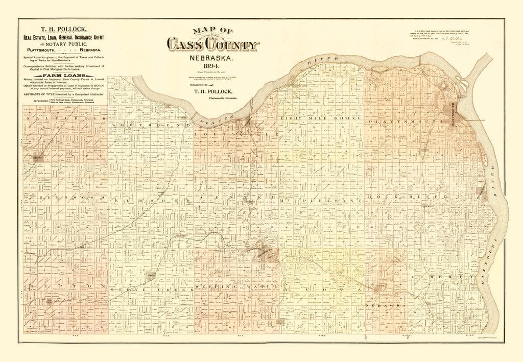 Vintage Map of Cass County, Nebraska 1894
