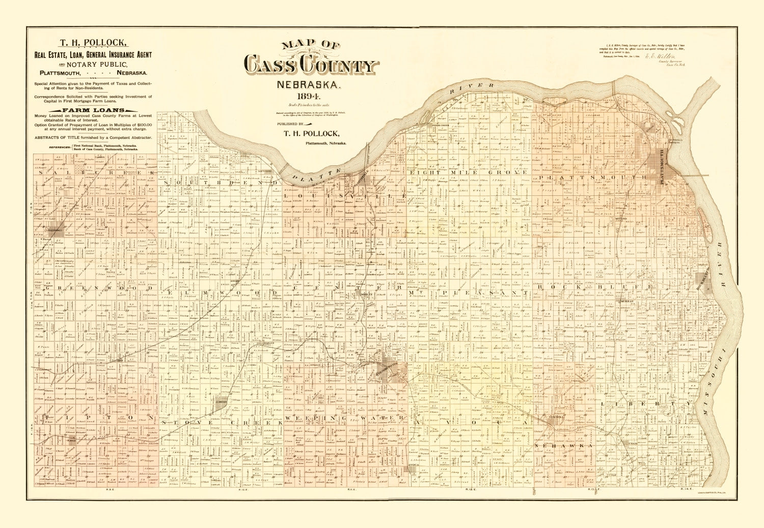 Vintage Map of Cass County, Nebraska 1894