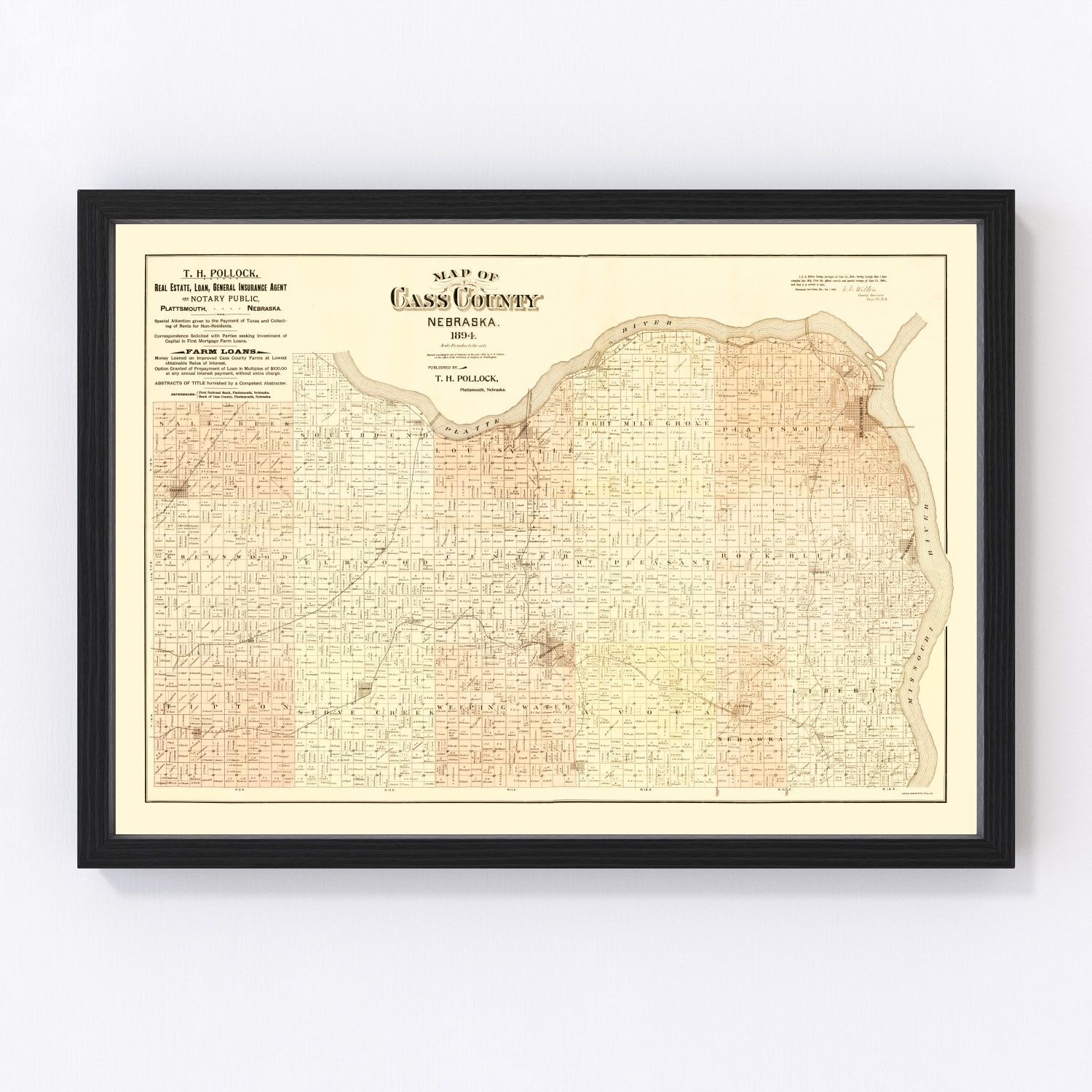 Vintage Map of Cass County, Nebraska 1894