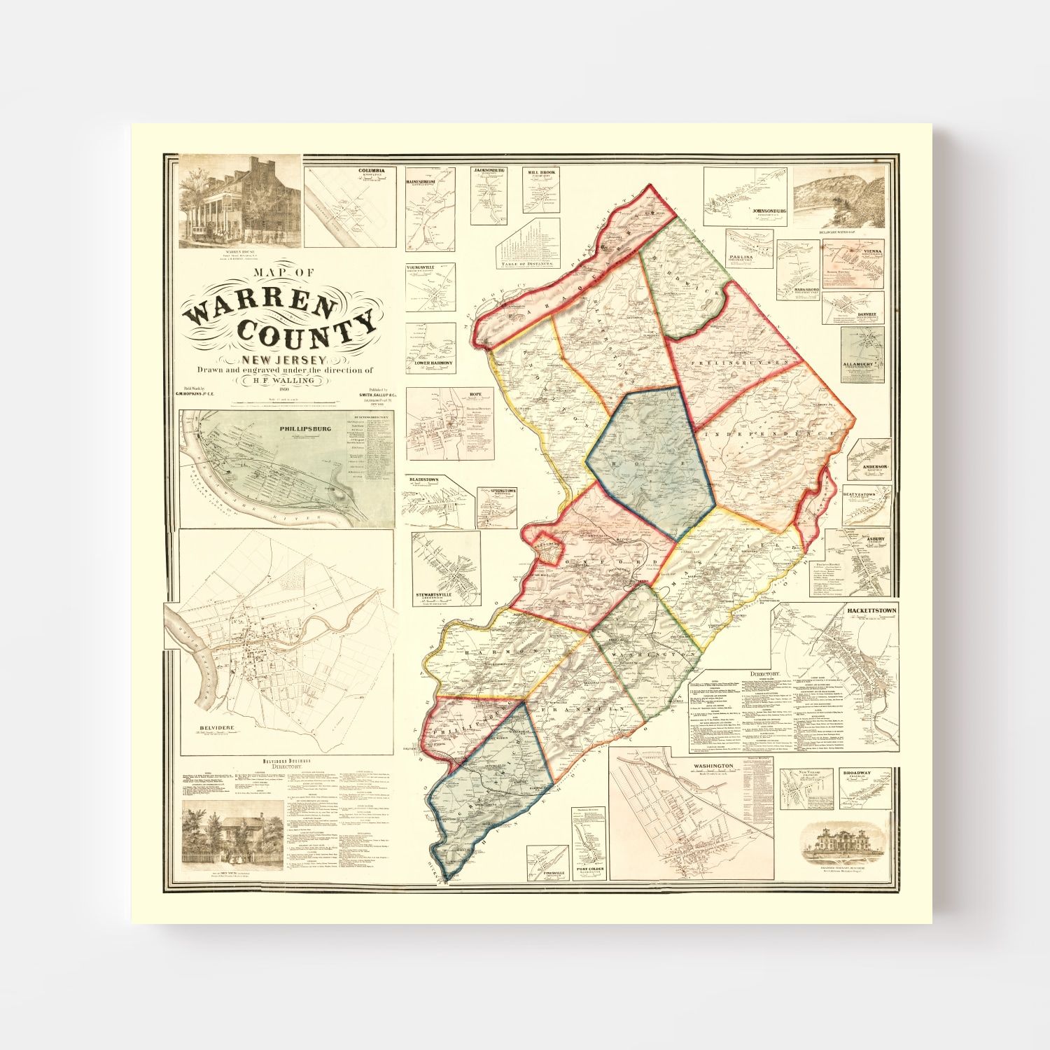 Vintage Map of Warren County, New Jersey 1860