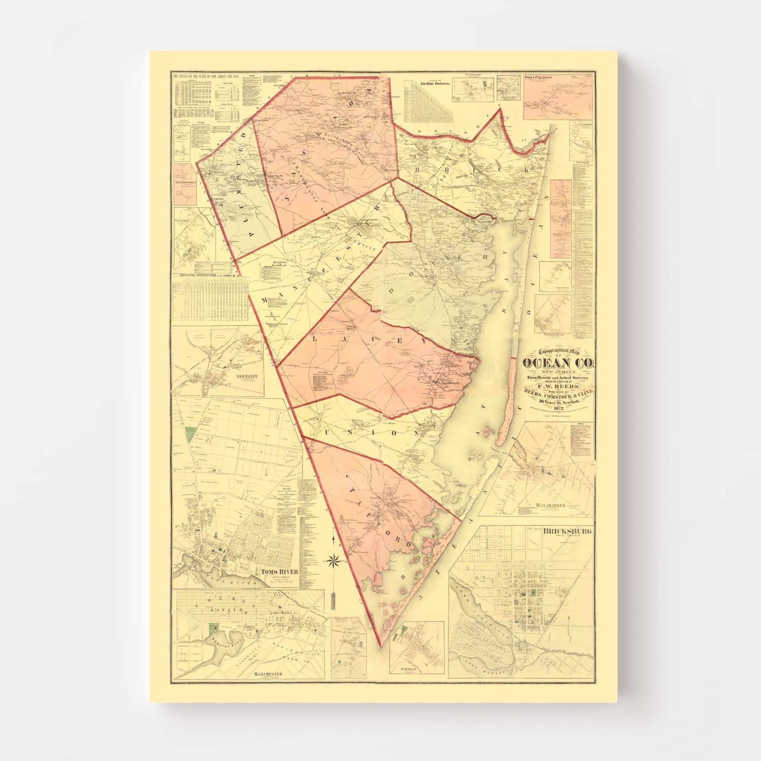 Vintage Map of Ocean County, New Jersey 1872