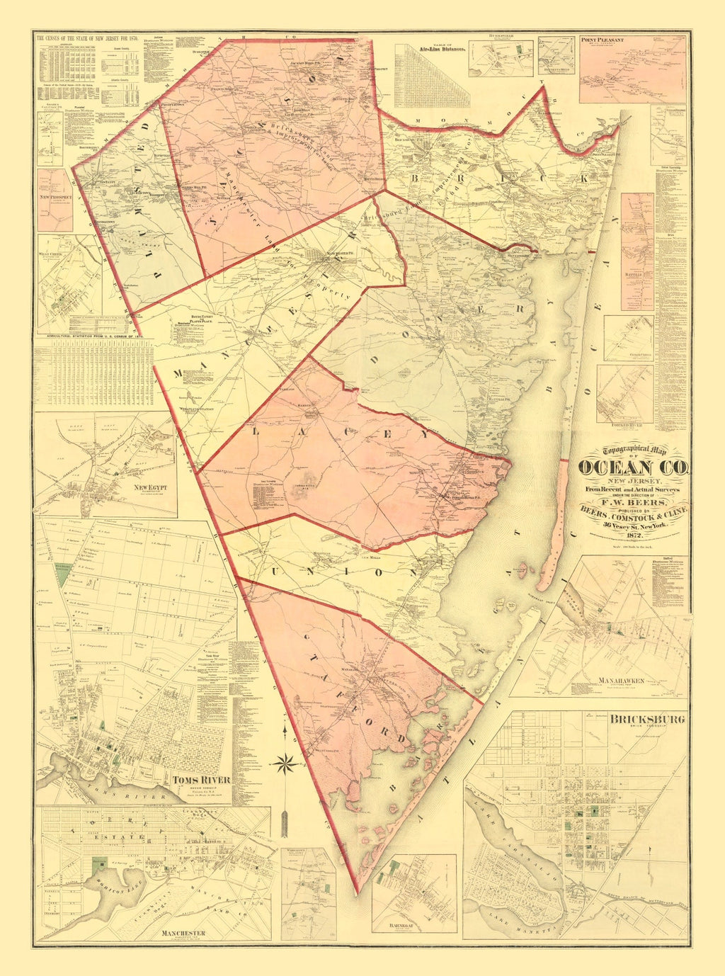 Vintage Map of Ocean County, New Jersey 1872